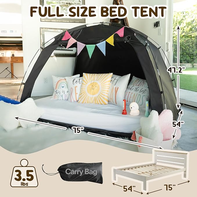 EighteenTek Bed Canopy with Lights, Sleeping Dream Full Bed Tent, Portable Cottage Drafty Room Blackout Breathable Privacy Big Indoor Tents for Girls & Boys Bedroom Decor, Black
