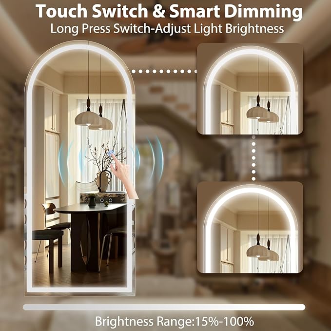 GLSLAND Arched LED Full Length Mirror - 65"x26" Full Body Standing Mirrors with Light for Bedroom/Cloakroom -Dimmable & 3 Color Lighting/Wall Mounted
