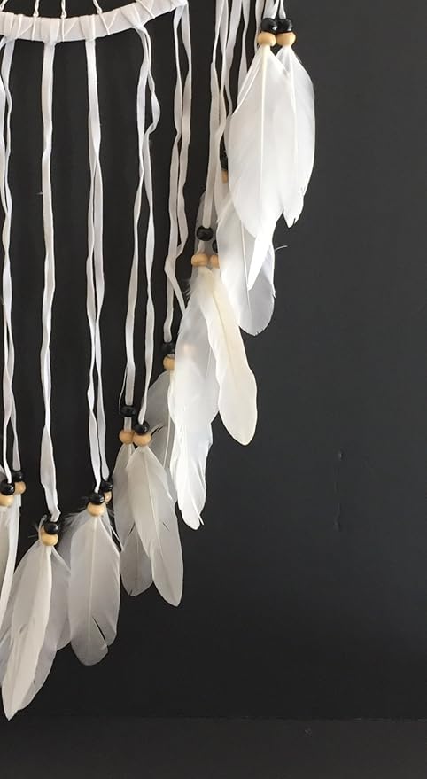 OMA Dream Catcher, Tree of Life Design with Feathers and Beads, White Suede Authentic Traditional Dream Catcher Boho Home Decor Bedroom Decoration Gift - Large Size - 36" Long x 11" Diameter (Black)