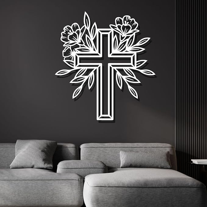 ENJOYOO Metal Cross Wall Decor, Religious Cross Decoration, Flower Metal Wall Art, Garden Wall Art Outdoor (White, 19×17in/47×43cm, metal wall art)