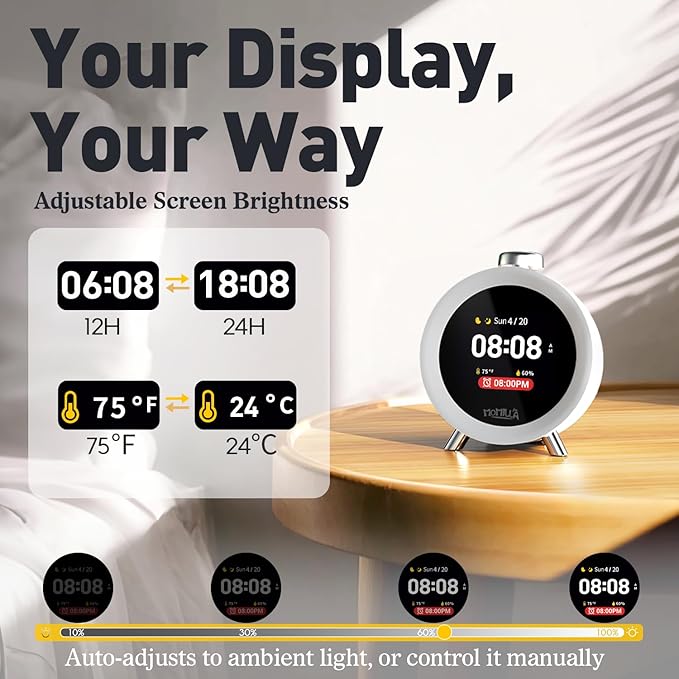 MOMILLA Alarm Clock for Heavy Sleepers, Colorful Screen Temperature, Loud 7-Day Programmable 4 Alarms, Small Clocks Bedrooms for Kids Adults Boys Girls, Easy to Set, Digital White Noise, Hourly Chime