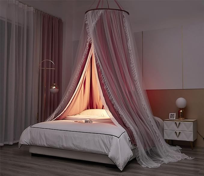 VETHIN Double Layer Princess Round Dome Canopy Bed Curtain for Girls Adults,Children Dreamy Mosquito Net,Cute Bedroom Decoration Castle Play Tent Reading Nook Canopies (Dome-Rust Red/White)