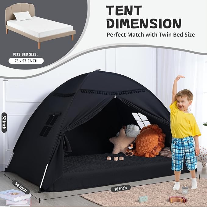Sumbababy Full Size Bed Tent Canopy: Lights & Flags Indoor Floor Bed Kids Tent Playhouse - Space Blackout Sleeping Tents Indoor Breathable Portable Cottage Drafty Room Floor (Large Black)