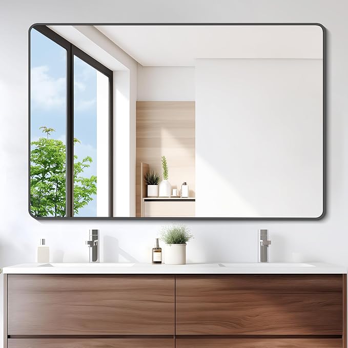 36" x 55"Bathroom Mirror, Matte Black Wall Mirror with Metal Frame, Decorative Rectangular Vanity Mirror for Bedroom Bathroom Living Room Entryway (Horizontal/Vertical)