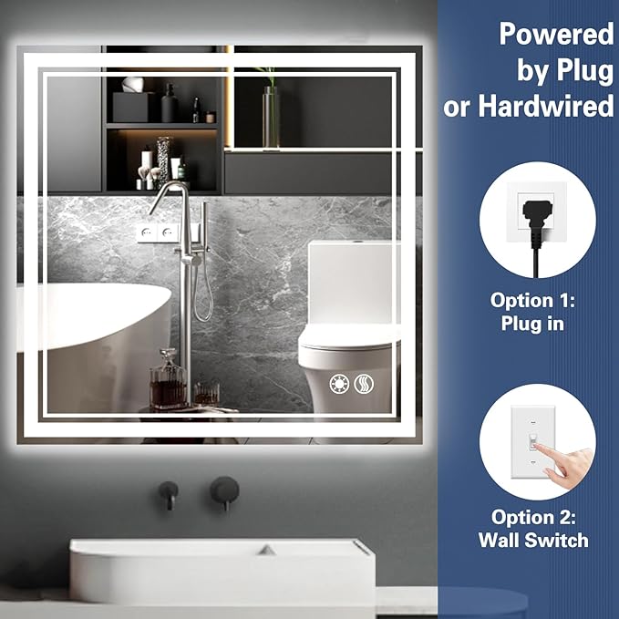 32“ x 32” LED Mirror for Bathroom Bathroom Mirror with Lights Front and Backlit LED Bathroom Mirror Anti-Fog Dimmable 3 Colors Smart Mirror Memory Function Wall Mounted