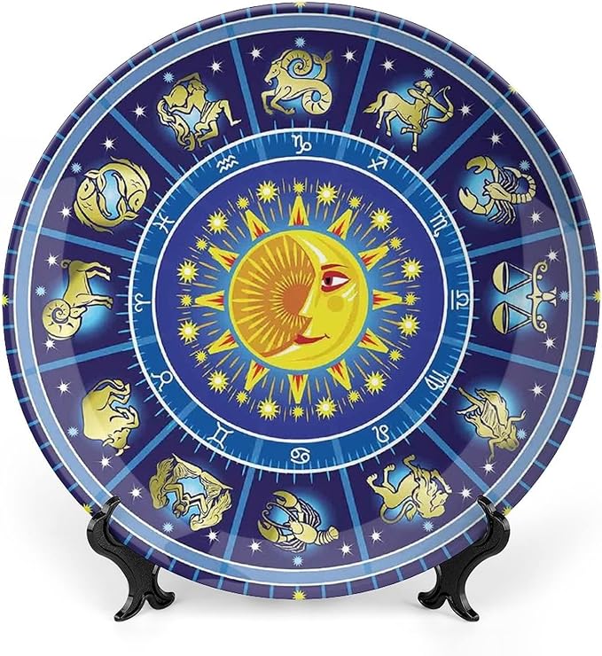 Decorative Plates, Astrology Print Ornament, Horoscope Circle Sun Birth Zodiac Constellation, 10 Inch, 1 Plate with 1 Display Stand, Yellow Orange Dark Blue