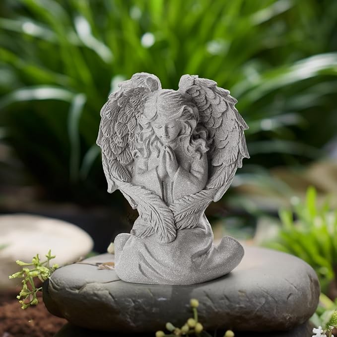 INLOMEM Praying Angel Figurine, Sculpted Hand-Painted Figurine, Angel Wings Statue for Home Decor or Garden, First Communion Gifts for Girls, Religious Gifts for Women (Gray)