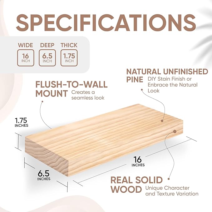 Homeforia Wood Floating Shelf 16 inch, High End Solid Natural Wood 16inch Floating Shelves for Wall Mounted, Unfinished Wooden Small Floating Shelves, Heavy Duty Bracket, 16 X 6.5 X 1.75 in, Set of 2