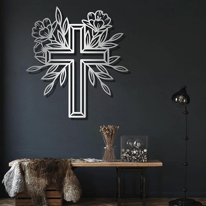 ENJOYOO Metal Cross Wall Decor, Religious Cross Decoration, Flower Metal Wall Art, Garden Wall Art Outdoor (Black, 19×17in/47×43cm, metal wall art)