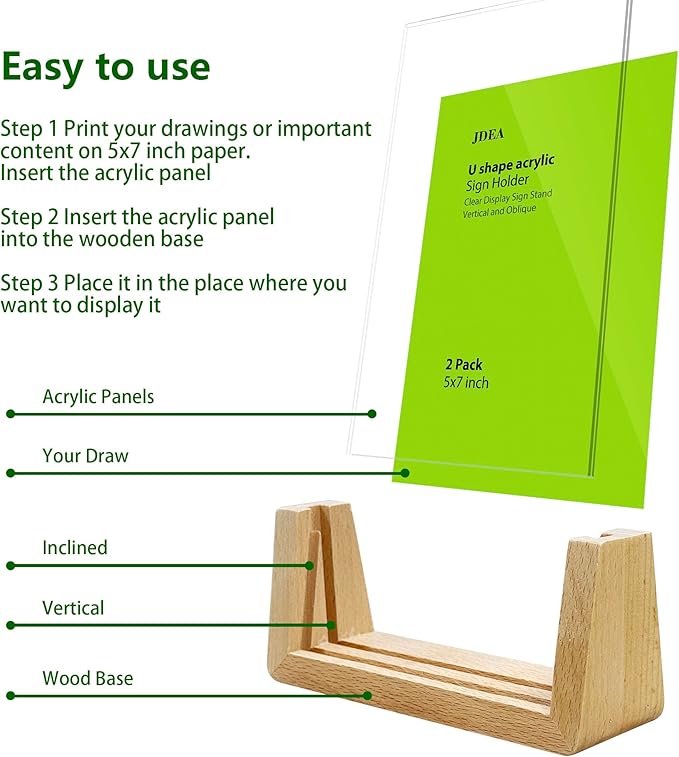 2 Pack 5x7 Inchs U-shaped Acrylic Sign Holder with Wood Base Menu Holder Flyer Holder Poster Stand Photo Stand (5*7)