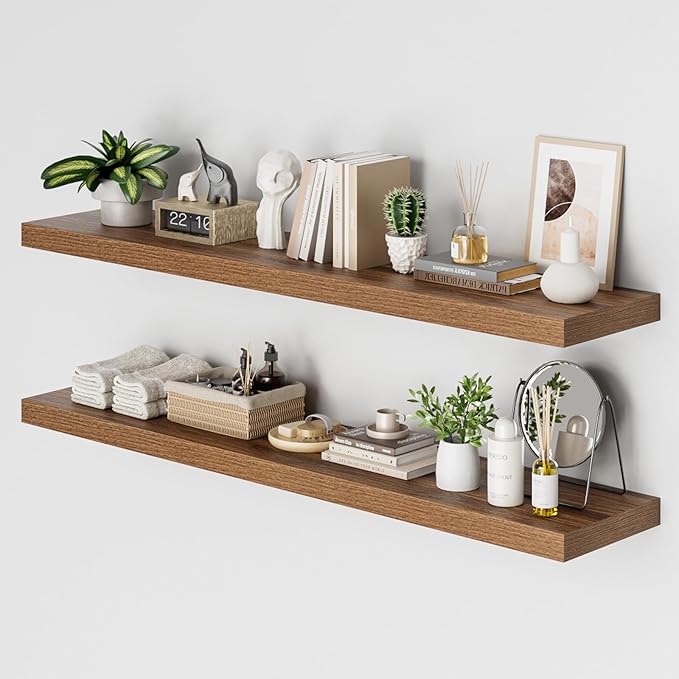 Heimlove 12 Inch Deep Floating Shelves, 55 x 12 inch Extra Long Floating Shelves for Wall, Large Display Shelf & Storage Shelf for Living Room Bedroom Kitchen Home Office, Set of 2, Walnut