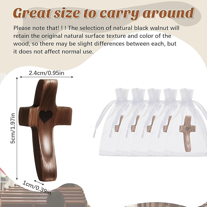 Handmade 3Pcs Pocket Wooden Cross Fidget with Organza Bags - Stress Relief Cross My Heart for Christian, Religious Easter Day Gifts