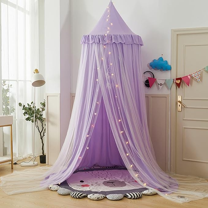 Bed Canopy for with Lights,Double Layer Princess Round Dome Dreamy Mosquito Net Bedding Girls Room Castle Play Tent Hanging House Decor Reading Nook Canopies(Purple/White)