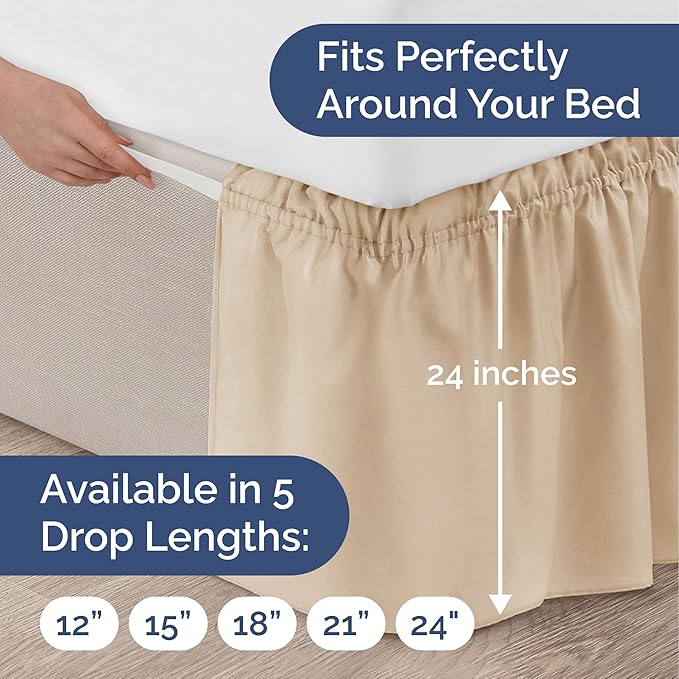 Wrap Around Dust Ruffle Bed Skirt - Cream - for Full Size Beds with 24 Inch Drop - Easy Fit Elastic Strap - Adjustable Pleated Bedskirt w/Brushed Fabric - Wrinkle Free - for Women, Men, Kids & Teens