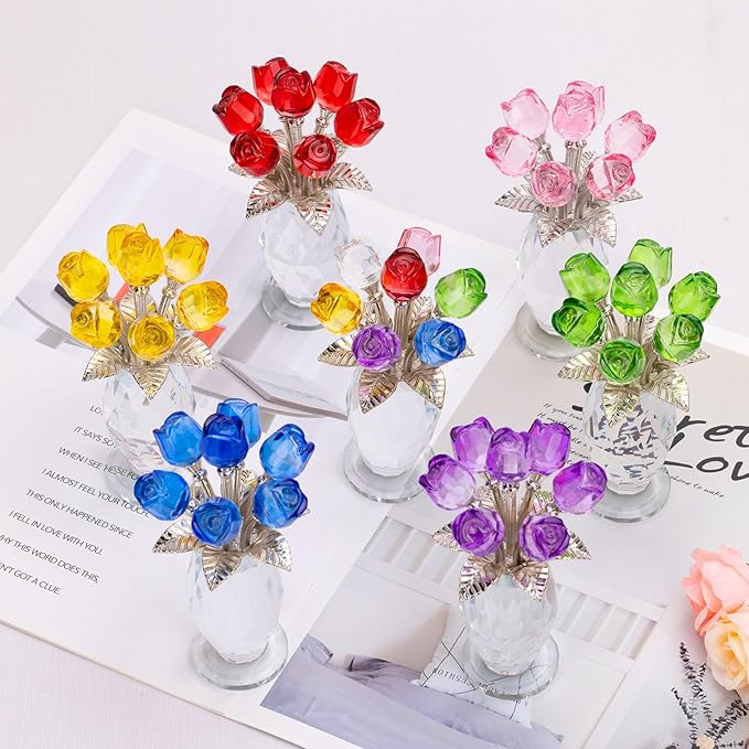 Glass Rose Flowers, Crystal Glass Figurines Rose Decorations for Home Gifts for Mom Wife Grandma, Crystal Flowers Collectible Ornament Mother's Day Thanksgiving Anniversary Birthday Gifts (Pink Rose)