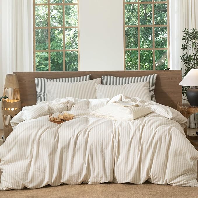 MooMee Striped Duvet Cover Set 100% Washed Cotton Linen Like Textured Breathable Durable Soft Comfy (Almond Milk Grey Classic Stripes, Palatial King/Oversized King 120"x98")
