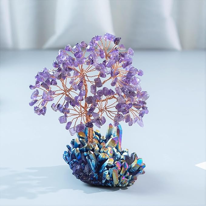 Amethyst Crystal Tree with Rainbow Titanium Cluster Base Tree of Life Decor for Shelf, Bedroom, Birthday Gifts for Women, Sister Birthday Gift for Mom, Cute Home Purple Decor Present