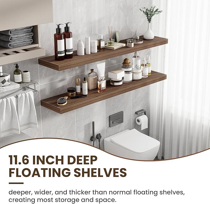 55 Inch Floating Shelves, 12 Inch Deep Floating Shelves for Wall, Floating Shelf with Invisible Brackets, Deep Wall Shelves for Bathroom, Bedroom, Living Room, 1 Pack, Walnut