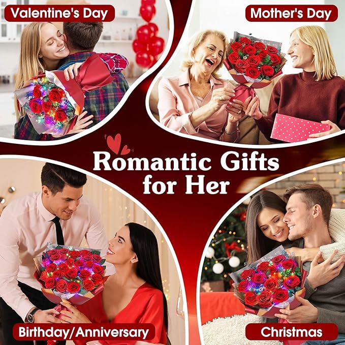 ADDWel Valentine's Gifts for Her, Preserved Red Rose Bouquet – Real Long-Lasting Flowers Gift for Wife, Girlfriend, Mom – Romantic Vday, Anniversary, Birthday, Graduation Gifts for Women