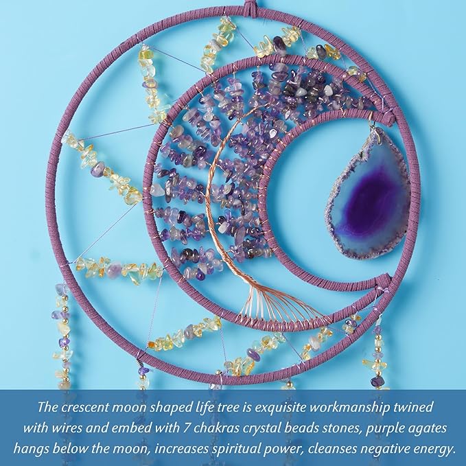 7 Chakras Agates Dream Catchers Moon Tree of Life Dream Catcher Violet Feather Dreamcatcher Wall Decor with Healing Crystal Stone Wall Art Hanging for Bedroom Home Decor Bless Gift Wedding Garden