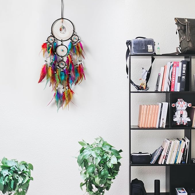Pretty Jolly Colourful Feather Dream Catchers Wall Decor with Chakras Tree of Life Crystal Stone Ornament Handmade Dreamcatchers for Adult Boys Girls Bedroom Dorm Party Birthday Blessing Gift-5Rings