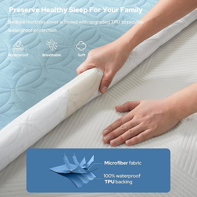 BEDLORE Waterproof Mattress Protector, Cal King Size Mattress Pad with Deep Pocket 6"-19" Depth, Soft Dirt-Proof Double Bed Mattress Cover for Bedroom, College Dorm, Hotel (Sky Blue)