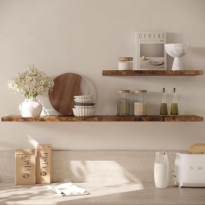 Wall Shelf Set of 2, Rustic Brown Floating Shelves 36 in W x 10 in D x 1 in H, Wooden Floating Wall Shelf with Invisible Brackets for Living Room/Bedroom/Bathroom/Kitchen Storage and Decor