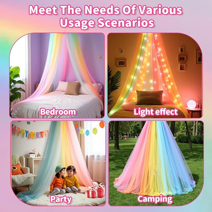Rainbow Princess Bed Canopy for Girls, Mosquito Net Bed Canopy for Twin/Full/Queen Size Bed, Hanging Bed Net, Bedroom Decor with Hanging Kit, Easy Install Travel Canopy with Storage Bag