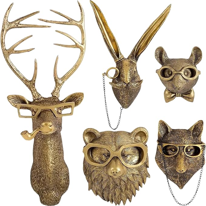 UITWMKTG 5 Pack Animal Head Wall Decor Gold Wall Sculpture Home Decor for Office Bedroom Modern Decor for Men Women