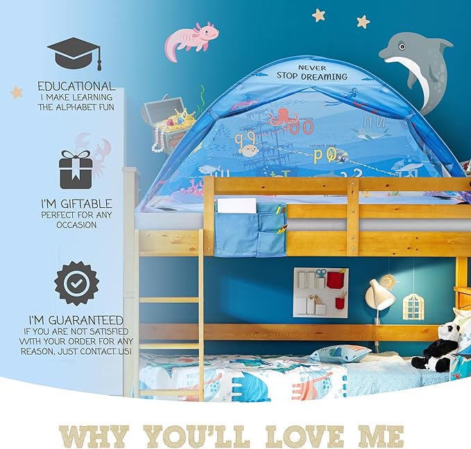 Water World Twin Bed Tent for Kids Indoor Fort - Magical Dream Tents for Boys Pop Up Toddler Bed Canopy for Girls Bunk Bed Tent for Top Bunk - Sensory Sleep Pod for Kids Educational