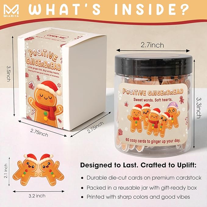 Positive Gingerbread Jar – 60 Funny Emotional Support Gingerbread, Christmas Gifts for Teens, Women, Men, Coworkers, Teachers, Sisters, Friends – Christmas Stocking Stuffer for Teen Girls, Boys