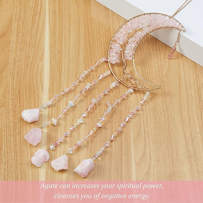 Fairy Pink Quartz Gemstone Dream Catcher 7 Chakras Tree of Life Moon Dream Catcher with Healing Crystal Stones Handmade Dreamcatcher Wall Decor for Adults Boys Girls,Bedroom,Wedding,Garden,Bless Gift