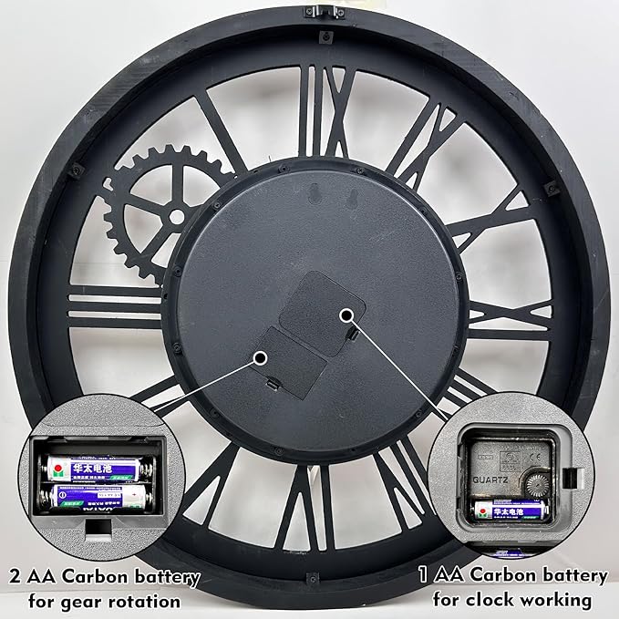 The B-Style Large Wall Clock 24 inch Moving Gear Wall Clock Oversized Vintage Farmhouse Wall Clocks for Living Room Decor Rustic Industrial Wood Clock (Drak Brown and Bronze)