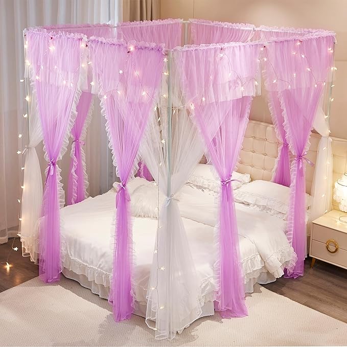 4 Corners Post Princess Curtains Bed Canopy for Girls 8 Panels Curtain- Double Layer Sheer Mesh Canopies Drapes Girls Room Decor (8P-Purple/White, 4P(27"x82") W+4P(40"x82") L/(Full))