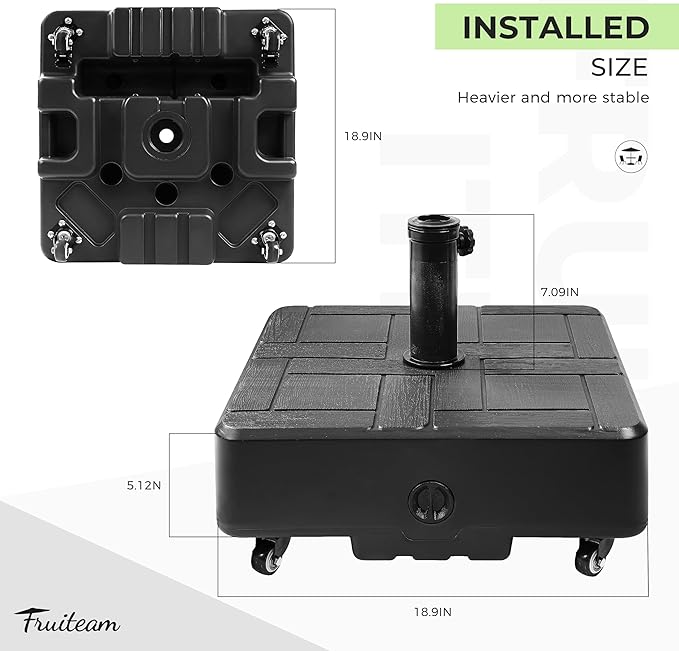 FRUITEAM Fillable Mobile Umbrella Base, 100 LBS Patio Umbrella Weight Base Heavy-Duty,Plastic Base Water & Sand Filled Umbrella Stand Holder with 4 Wheels, Easy to Move