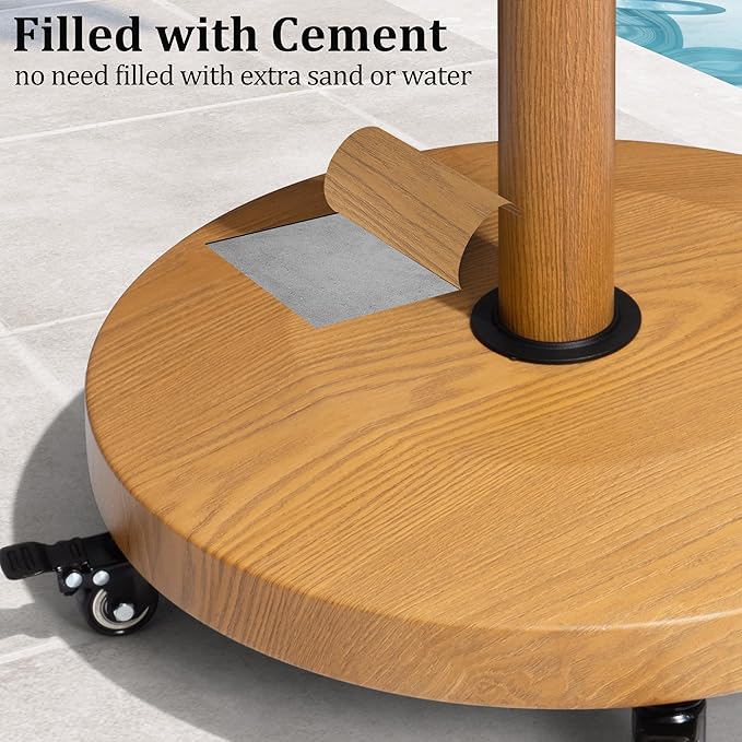 Patio Umbrella Base with 4 Wheels, 55lbs Round Heavy Duty Concrete Stand for Outdoor Market Umbrella, Wood Grain, Teak
