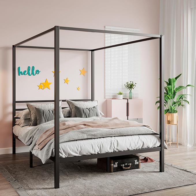 SHA CERLIN Canopy Bed Frame Queen Size/Mattress Foundation with Metal Slats Support/No Box Spring Needed/Easy Assembly/Black