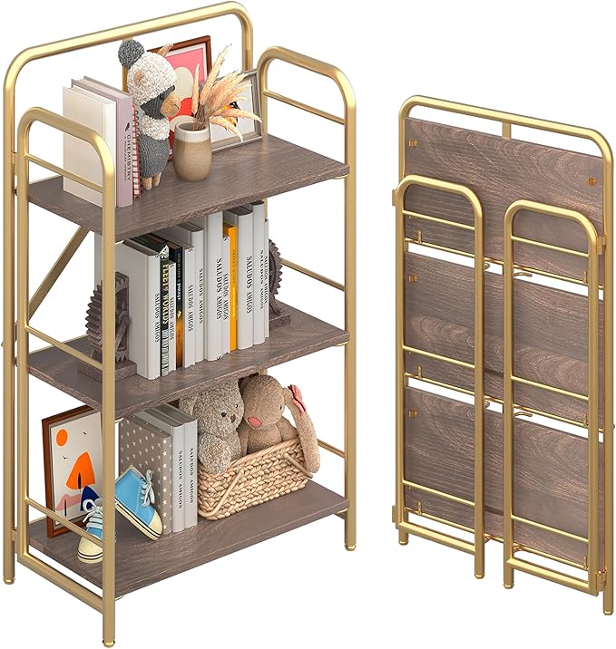 4NM No Assembly Folding Bookshelf, 3 Tiers Collapsible Book Shelves Open Industrial Foldable Storage Bookcase Shelf for Bedroom, Living Room, Home Office - Brown and Gold