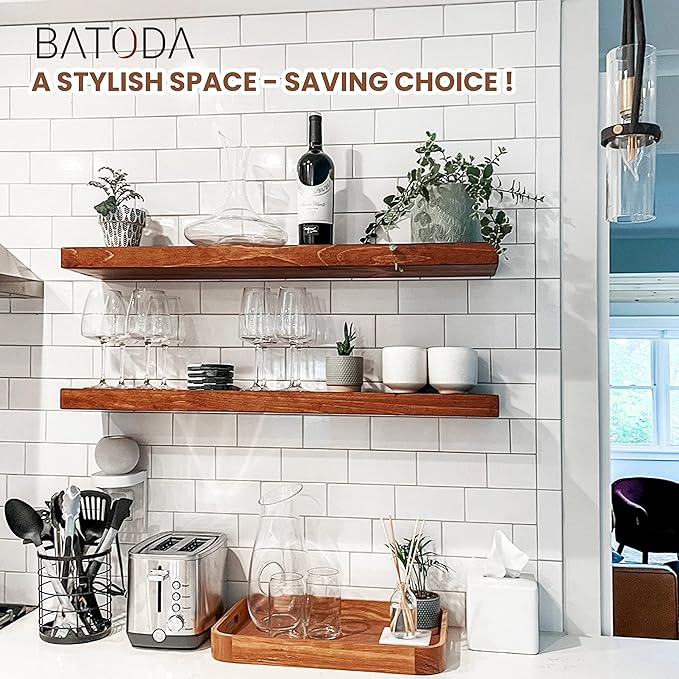 BATODA Set of 2 24" Acacia Wood Floating Shelves Wall Mounted – Rustic Farmhouse Wooden Wall Storage Shelf for Bedroom, Kitchen, Home Décor - Brackets and Shelving Hardware Included