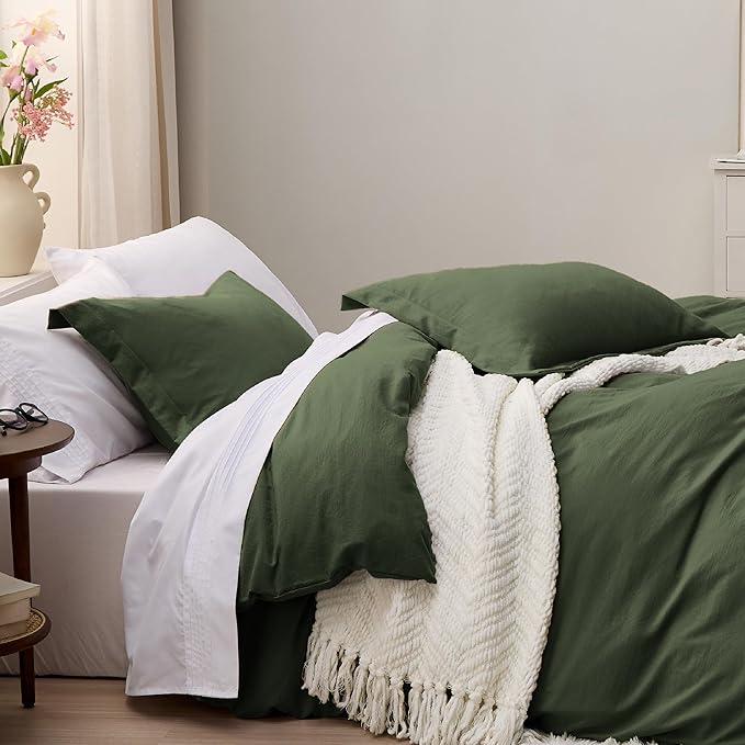 Bedsure Olive Green Duvet Cover Full Size - 3 Pieces Prewashed Extra Soft Cotton-Like Polyester Bedding Set, Includes 1 Duvet Cover 80x90 Inches with Zipper Closure & 2 Pillow Shams, No Comforter