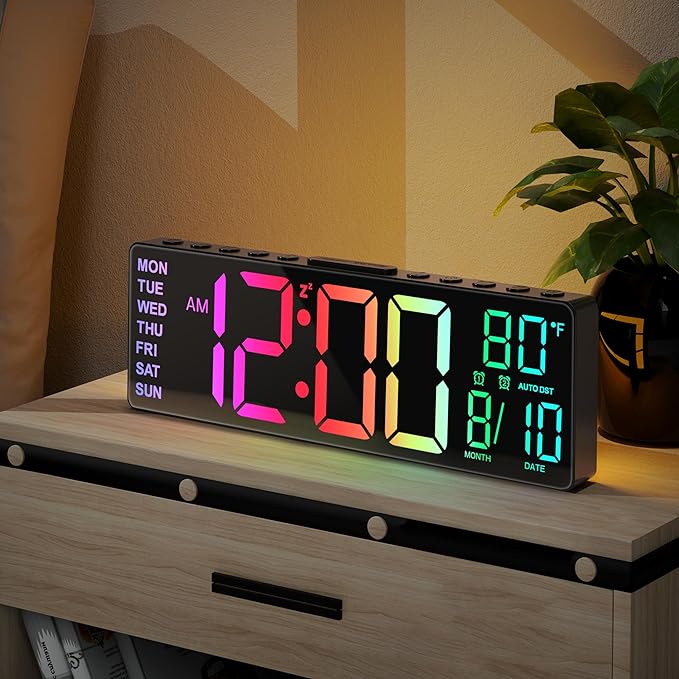 JALL 10.5'' Digital Large Alarm Clock with 8-in-1 RGB Colors, Date, Month, Temperature LED, Auto DST, Modern for Desk, Wall, Living Room, Bedroom, Birthday Xmas Gift (Black, 10.5 inches)