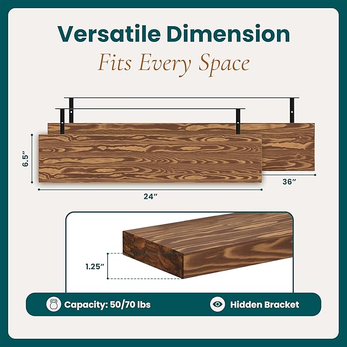 36'' Pine Wood Floating Shelves for Wall- Set of 2 - Rustic Wall Mounted Wooden Shelf for Stylish Home Décor (Light Walnut, 36x6.5x1.25)