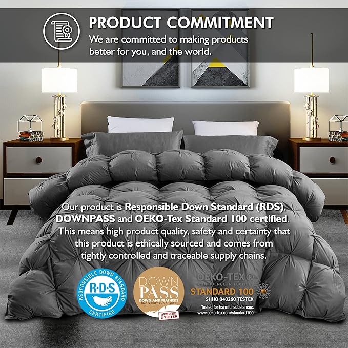 Luxurious Goose Down Feather Fiber Comforter Oversize California King Size Duvet Insert, Pinch Pleat Ruffled Twisted Flower, 108 x 98 inches, 100% Egyptian Cotton Cover, 80 oz. Fill Weight, Gray
