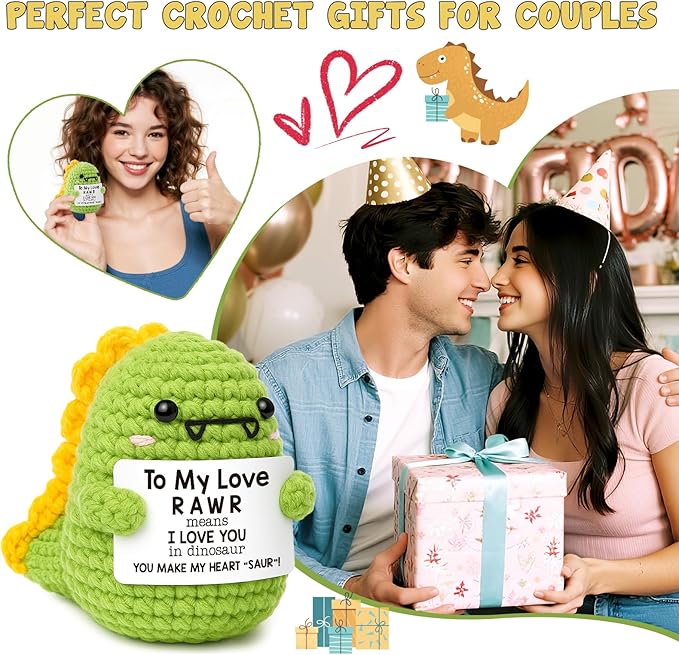 Mini Gifts for Him Her Couples Girlfriend Boyfriend Christmas Birthday Gifts To My Love Handmade Crochet Dinosaur I Love You Gift for Wedding Anniversary Romantic Gift for Women Men Husband Wife