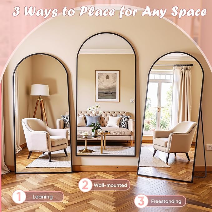 Full Length Mirror, 71" x 32" Arched Full Body Mirror Large Standing Floor Mirrors, Mirrors for Bedroom, Bathroom, Living Room Standing or Wall Leaning, Black
