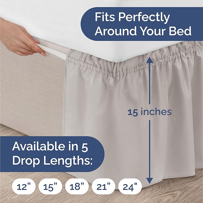 Wrap Around Dust Ruffle Bed Skirt - Light Grey - for Queen Size Beds with 15 Inch Drop - Elastic Strap - Adjustable Pleated Bedskirt with Brushed Fabric and Wrinkle Free - For Women, Men, Kids & Teens