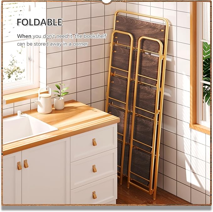 4NM No Assembly Folding Bookshelf, 5 Tiers Collapsible Book Shelves Open Industrial Foldable Storage Bookcase Shelf for Bedroom, Living Room, Home Office - Brown and Gold