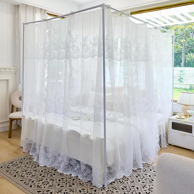 AIKASY Elegant Lace Princess 4-Poster Bed Canopy Mosquito Net - Romantic Wedding Bridal Bedroom Decor, Kids Room Bed Curtain for Women Adults - (White1,Twin)