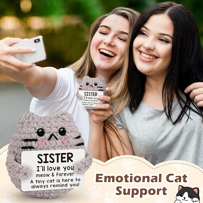 Positive Crochet Cat Emotional Inspirational Support Birthday Gifts for Sister,Handmade Knitted Cat for Women Coworker Friend Student Birthday Christmas Support Small Gifts