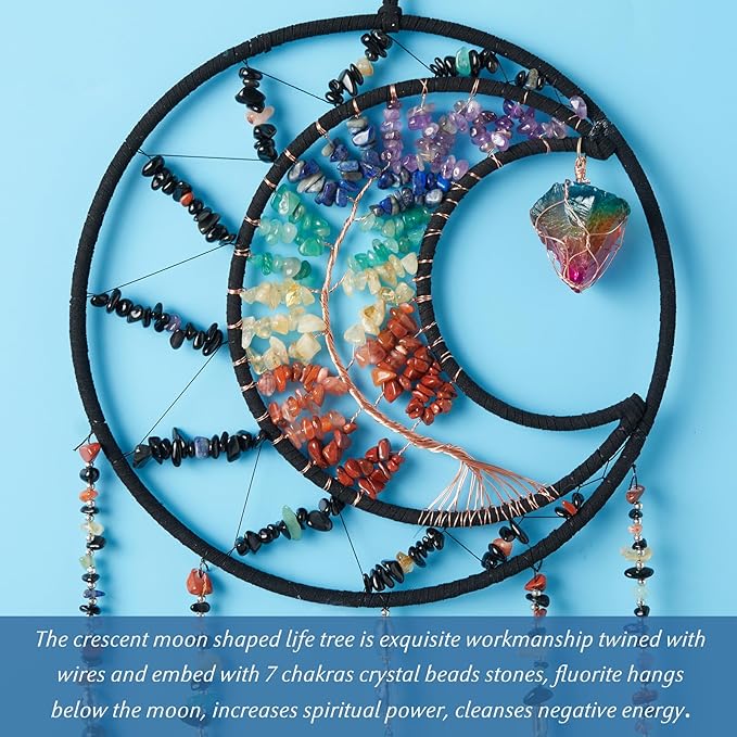 7 Chakras Dream Catchers Tree of Life Dream Catcher Black Feather Dreamcatcher Wall Decor with Healing Crystal Stone & Fluorite Wall Art Hanging for Bedroom Home Decor Bless Gift Wedding Garden